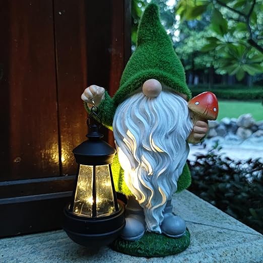 Gnome Figurine Holding Mushroom and Solar Lights Lantern