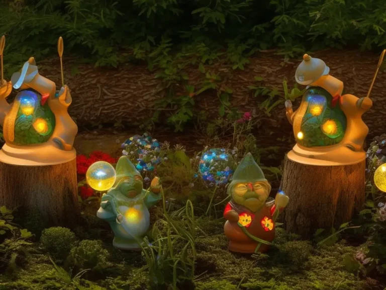 Whimsical garden with garden gnomes that have lighted lamps, orbs, and other solar lights