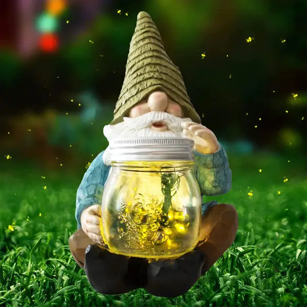 Solar Firefly Jar Gnome Waterproof- Large Garden Gnome Solar Outdoor LED Lights Resin Statues 10.6" Lantern Figurines Decorations