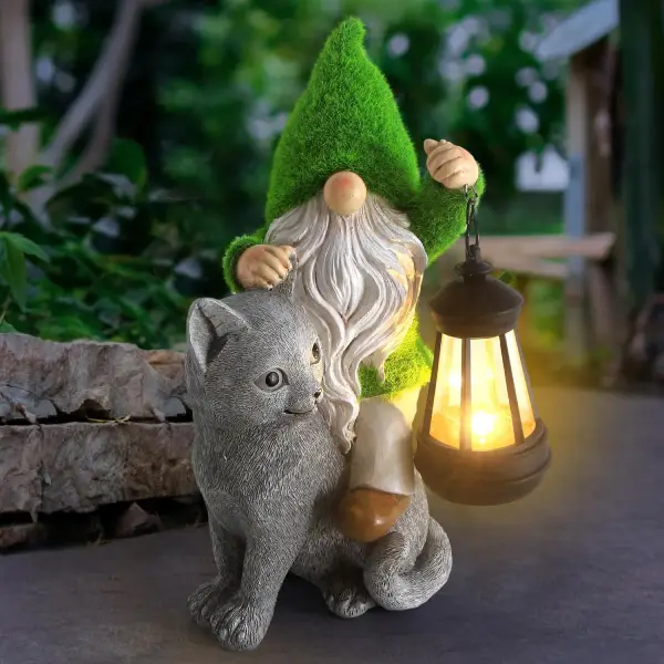 Garden Cat Gnome Decorations for Yard with Solar Lights,Resin Flocked Gnome Figurine Holding Latern,Outdoor Gnomes Decorations for Yard Patio Lawn Porch